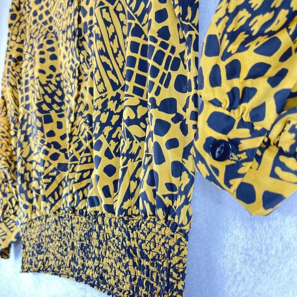 NWOT Vintage JUDY BOND Womens 14 Animal Print Smocked Waist Button V-Neck Blouse - Picture 4 of 9